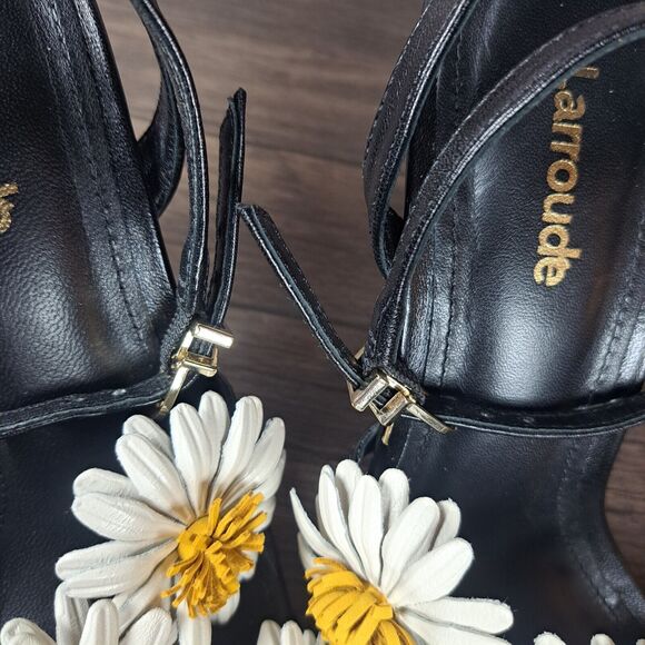 Larroudé Black Leather Floral Daisy Fiore Heel Sandals Women's Sz 6.5 (READ) - Picture 9 of 13